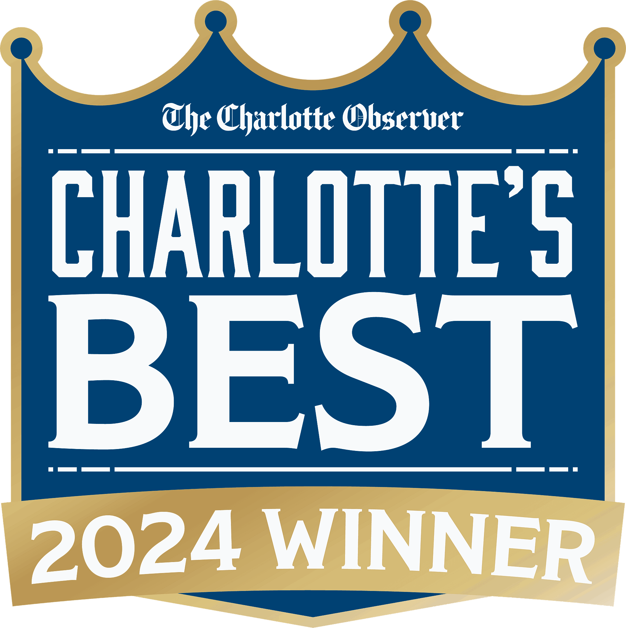 Blue emblem with a crown design reads: "The Charlotte Observer, Charlotte's Best, 2024 Winner" in gold and white text in Charlotte, NC