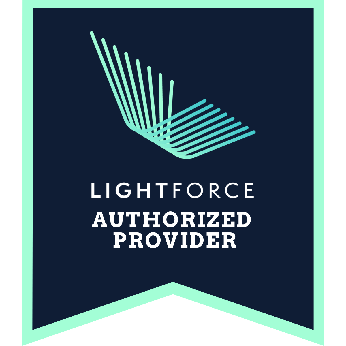 A navy blue badge with a mint green border displays the LightForce logo and "LightForce Authorized Provider" in white, representing Koerich Orthodontics in Charlotte, Indian Trail, or Monroe, NC.